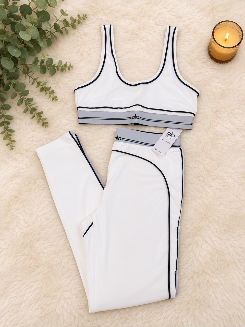 ALO Yoga White Sports Bra & Legging Set with Black Trim